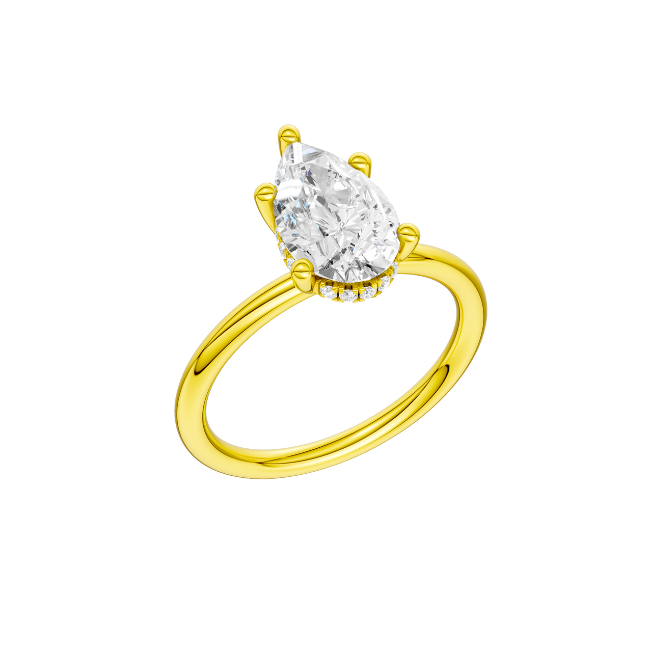 A three-quarter view of the Pear cut diamond engagement ring in 14k yellow gold with a plain band and solitaire setting