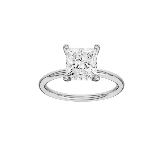 A front view of the Princess cut diamond engagement ring in platinum with a plain band and solitaire setting
