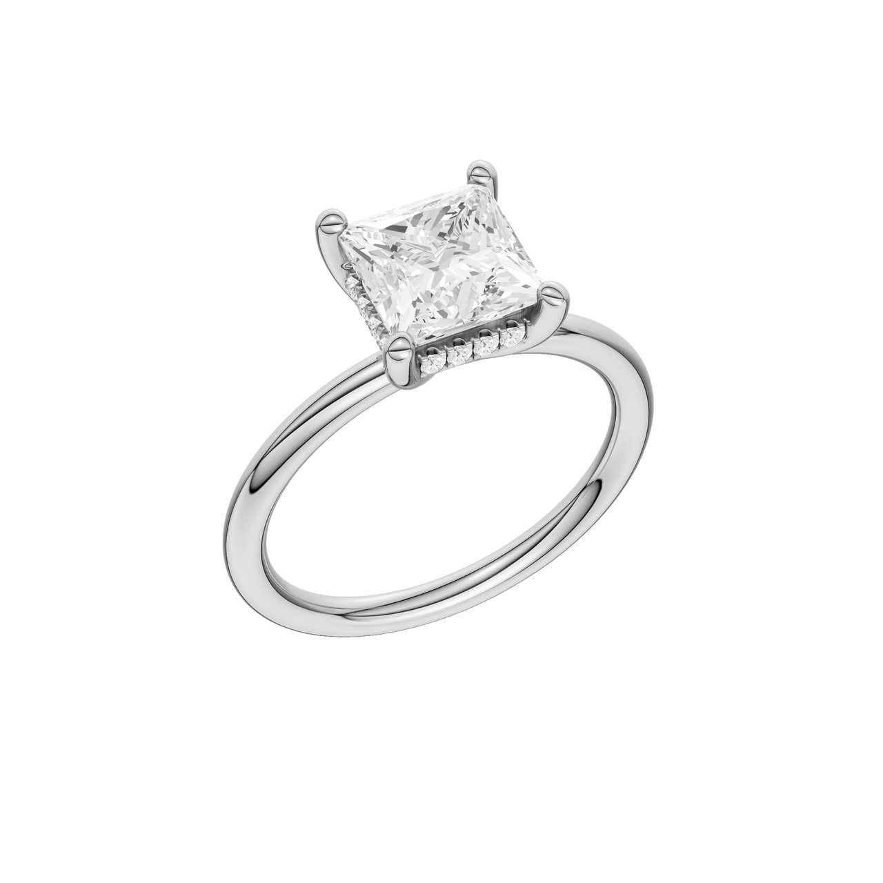 A three-quarter view of the Princess cut diamond engagement ring in 14k white gold with a plain band and solitaire setting