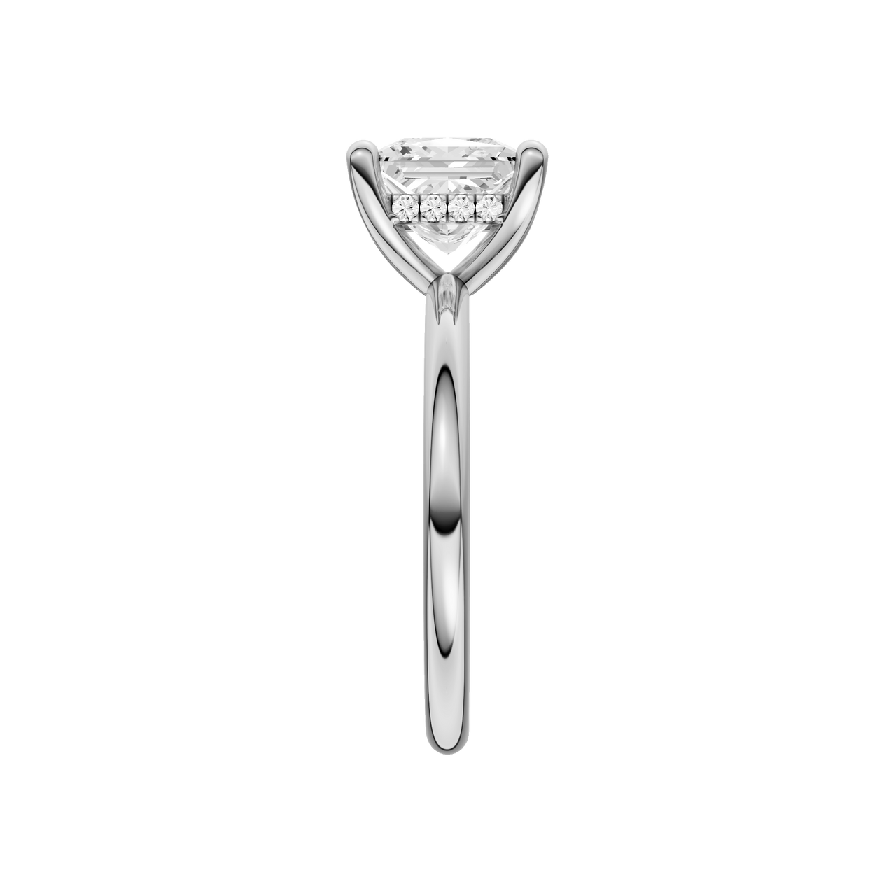 A side view of the Princess cut diamond engagement ring in platinum with a plain band and solitaire setting