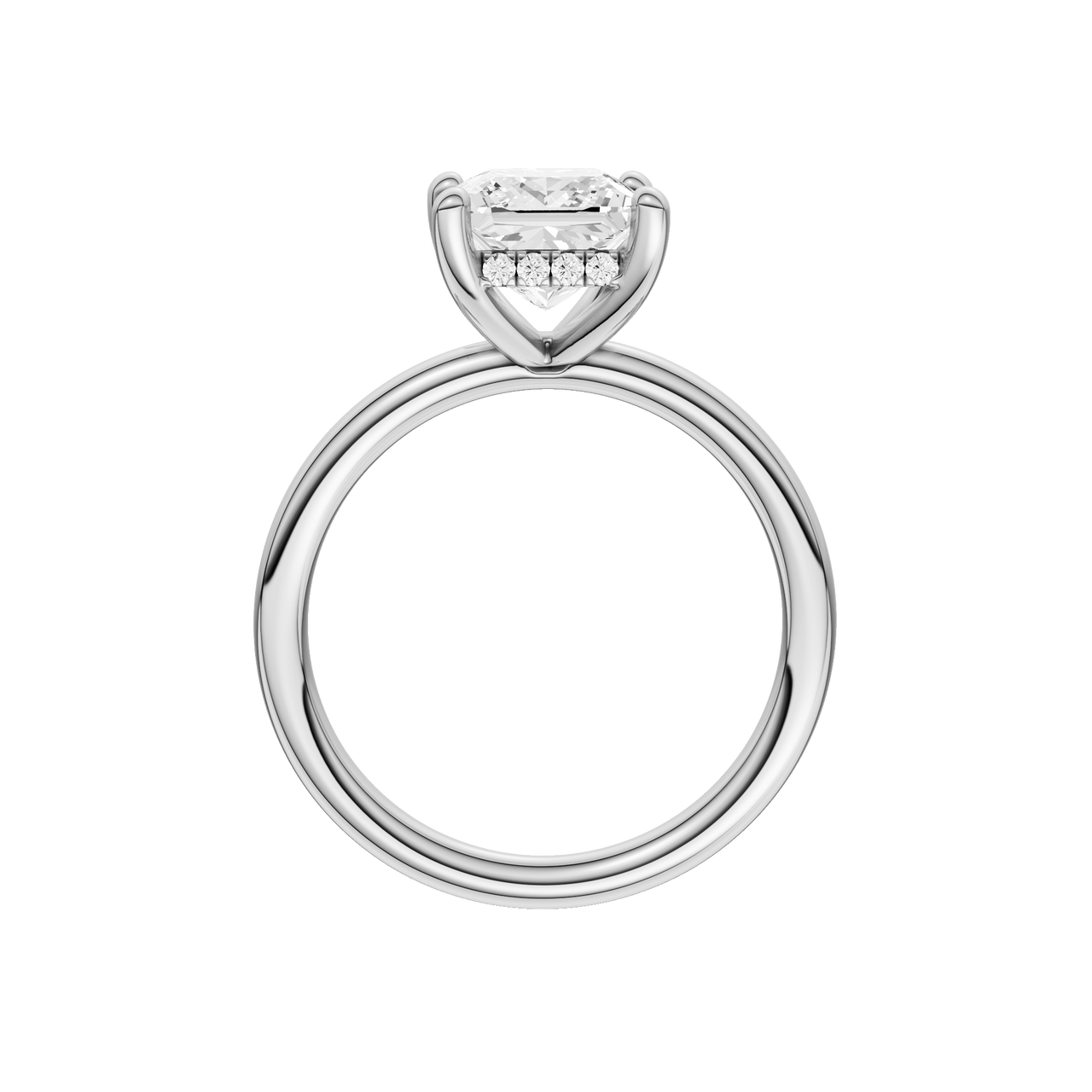 A profile view of the Princess cut diamond engagement ring in platinum with a plain band and solitaire setting