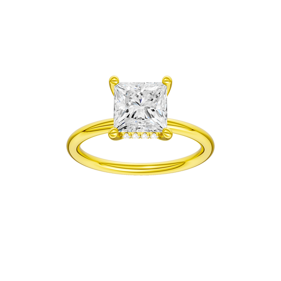 A front view of the Princess cut diamond engagement ring in 14k yellow gold with a plain band and solitaire setting