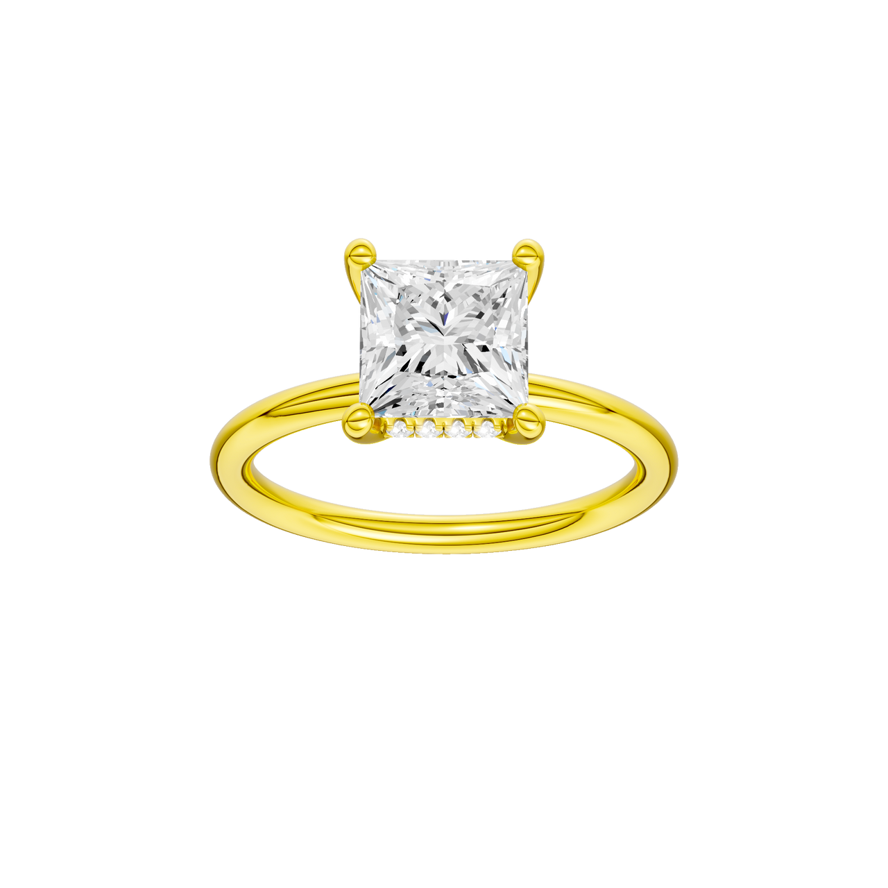 A front view of the Princess cut diamond engagement ring in 14k yellow gold with a plain band and solitaire setting