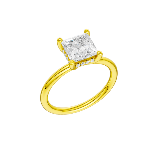 A three-quarter view of the Princess cut diamond engagement ring in 14k yellow gold with a plain band and solitaire setting
