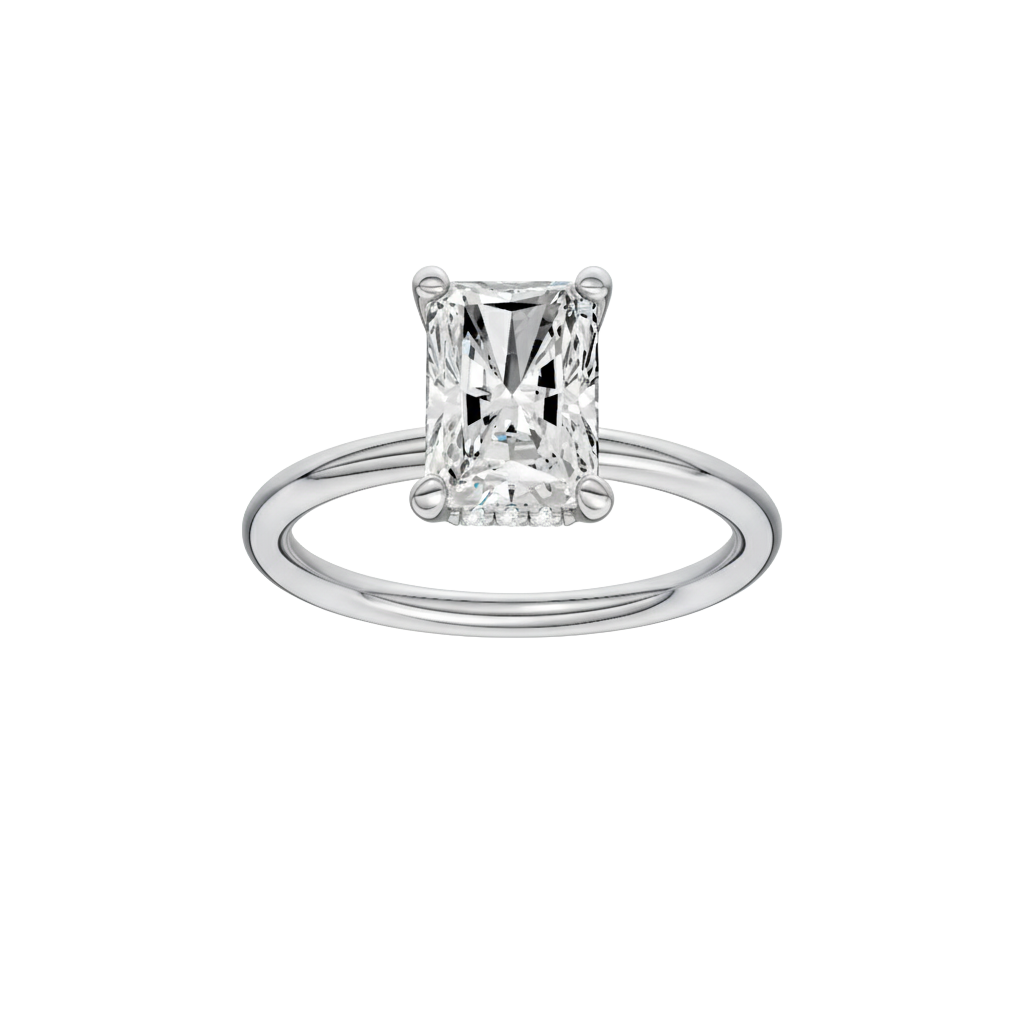 A front view of the Radiant cut diamond engagement ring in platinum with a plain band and solitaire setting