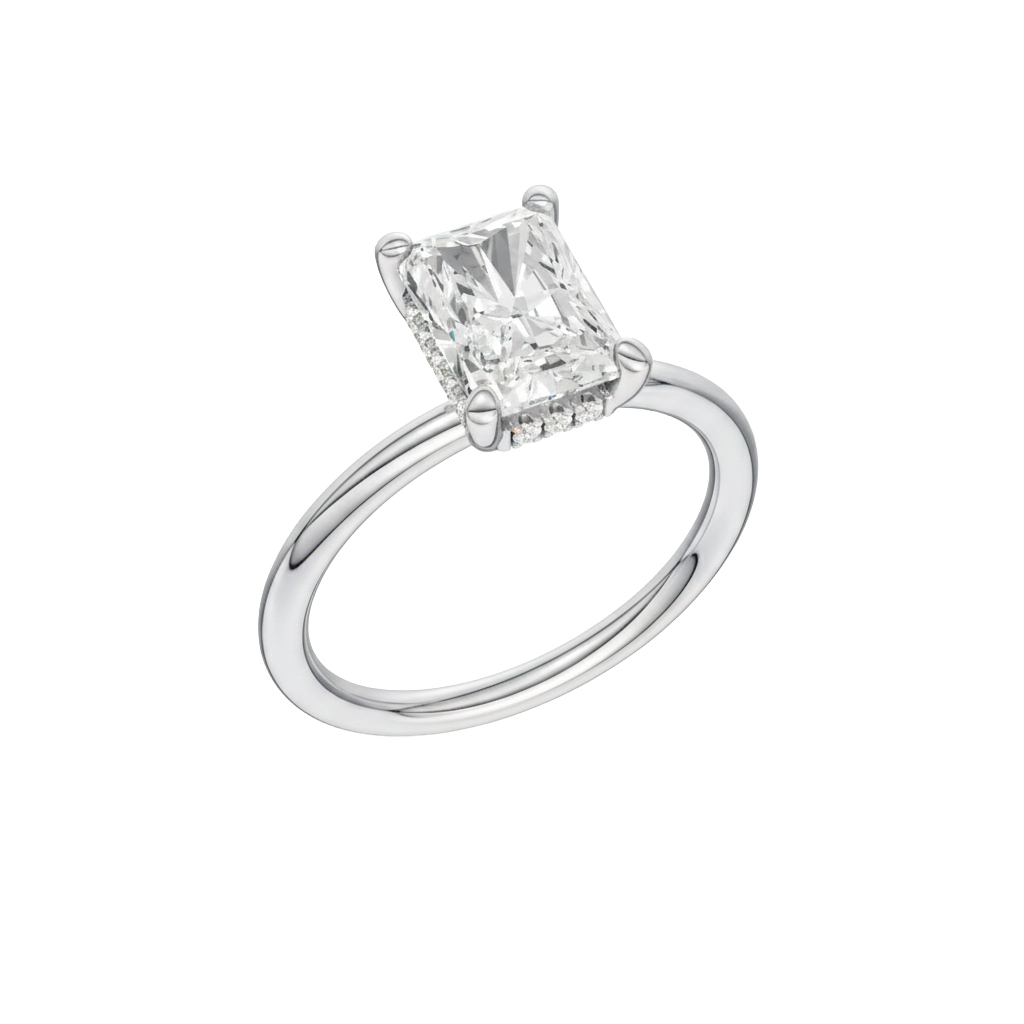 A three-quarter view of the Radiant cut diamond engagement ring in platinum with a plain band and solitaire setting