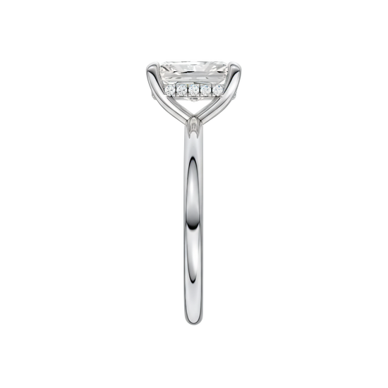 A side view of the Radiant cut diamond engagement ring in platinum with a plain band and solitaire setting