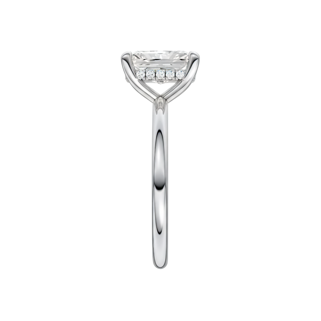A side view of the Radiant cut diamond engagement ring in 14k white gold with a plain band and solitaire setting