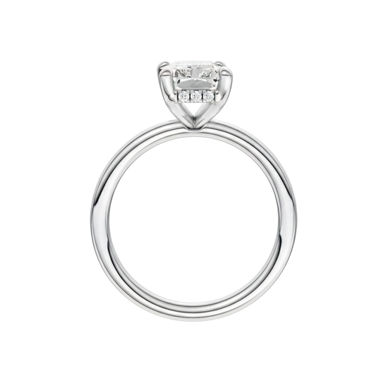 A profile view of the Radiant cut diamond engagement ring in platinum with a plain band and solitaire setting