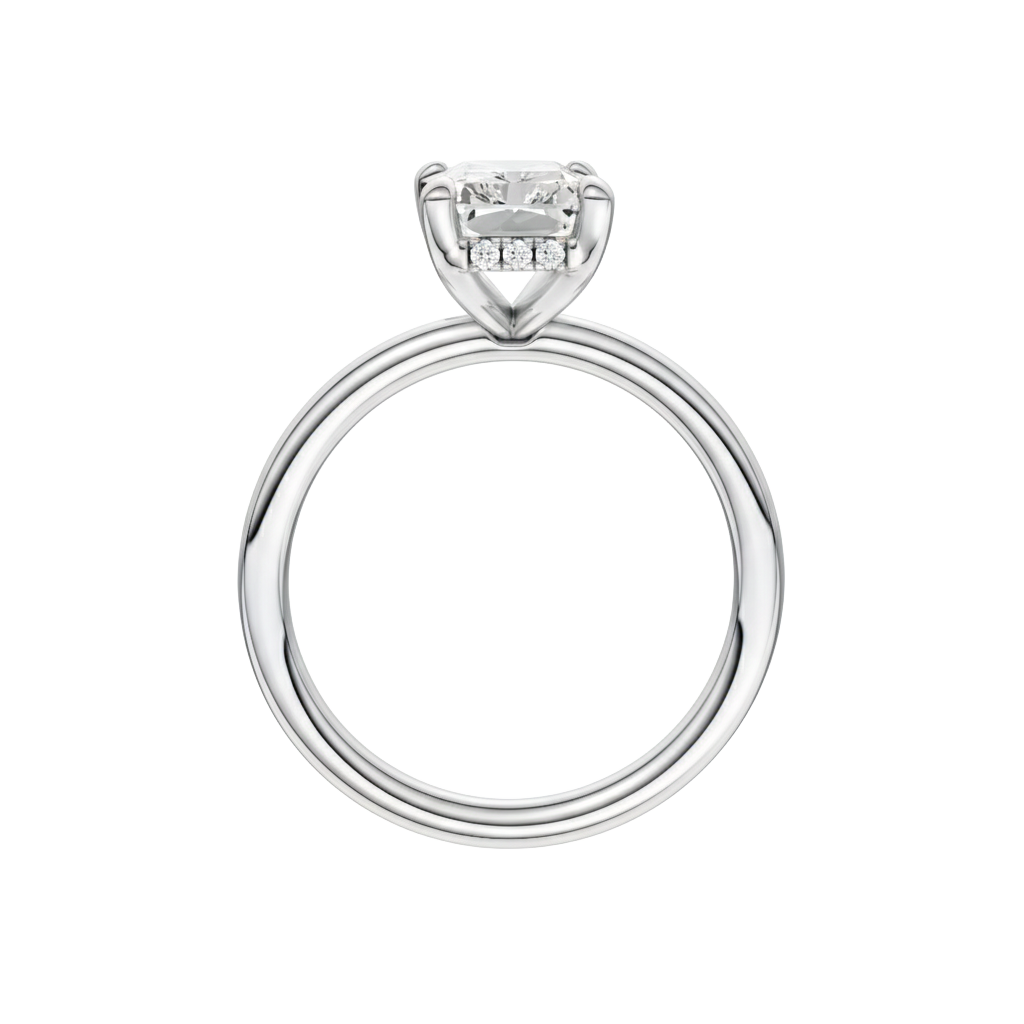 A profile view of the Radiant cut diamond engagement ring in platinum with a plain band and solitaire setting