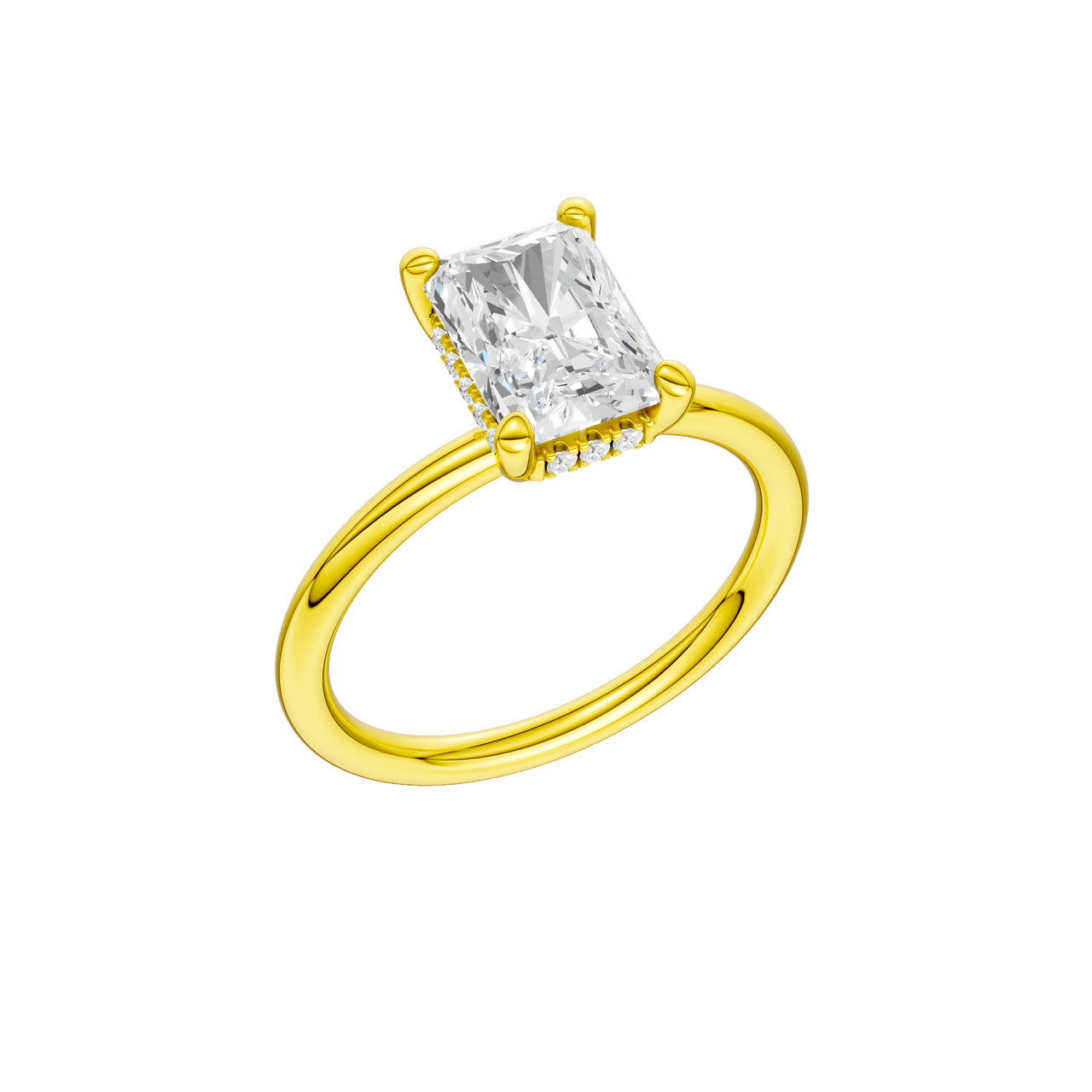 A three-quarter view of the Radiant cut diamond engagement ring in 14k yellow gold with a plain band and solitaire setting