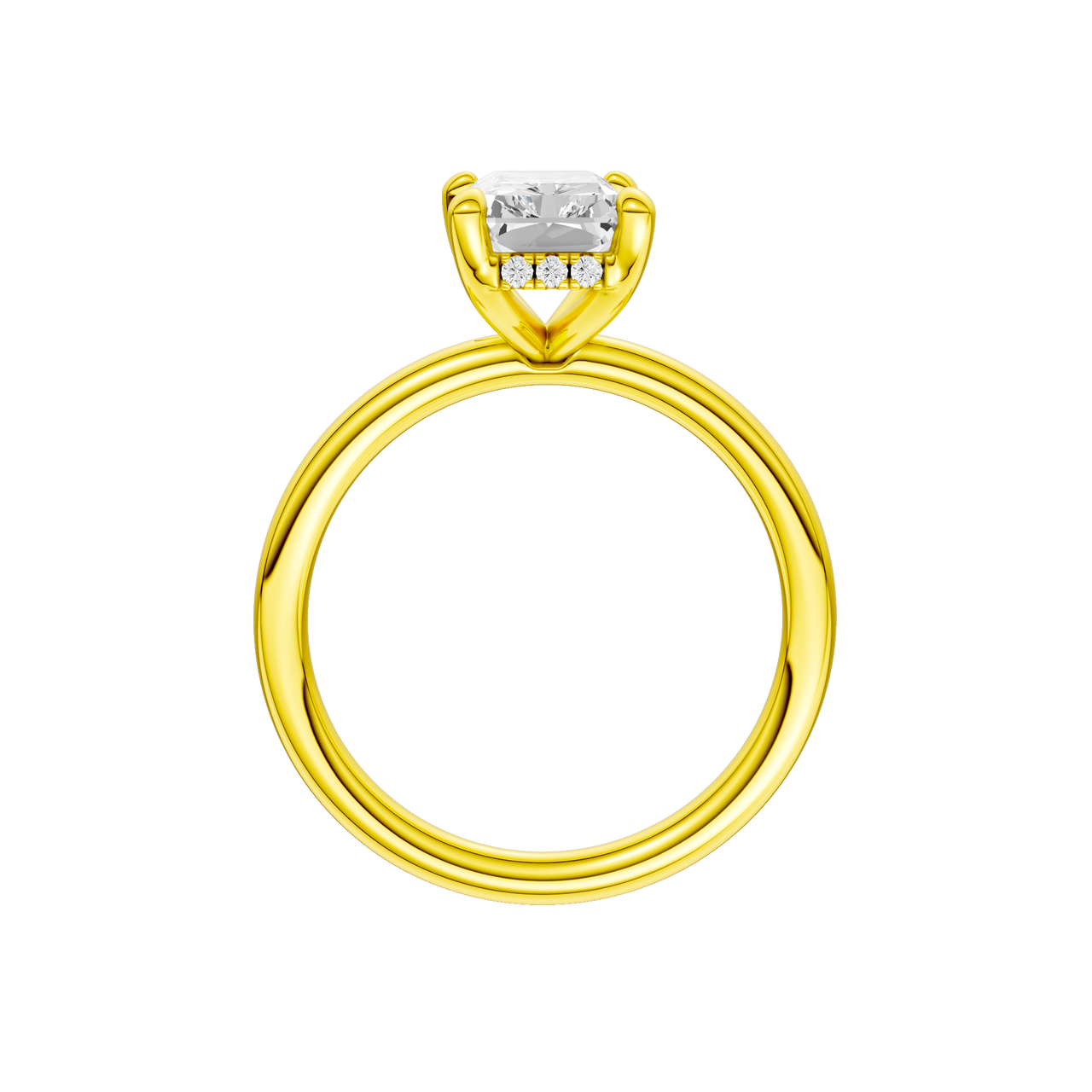A profile view of the Radiant cut diamond engagement ring in 14k yellow gold with a plain band and solitaire setting