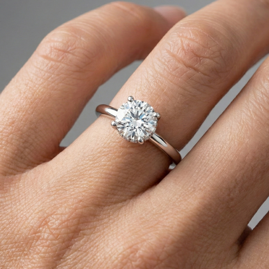 Round cut diamond engagement ring in 14k white gold with a plain band and solitaire setting on a hand