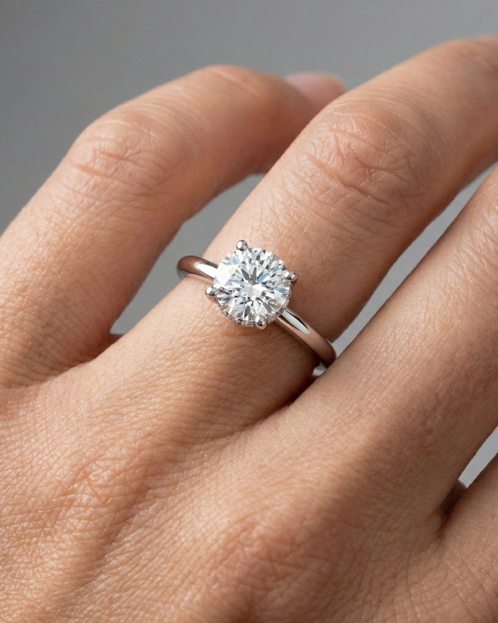Round cut diamond engagement ring in 14k white gold with a plain band and solitaire setting on a hand