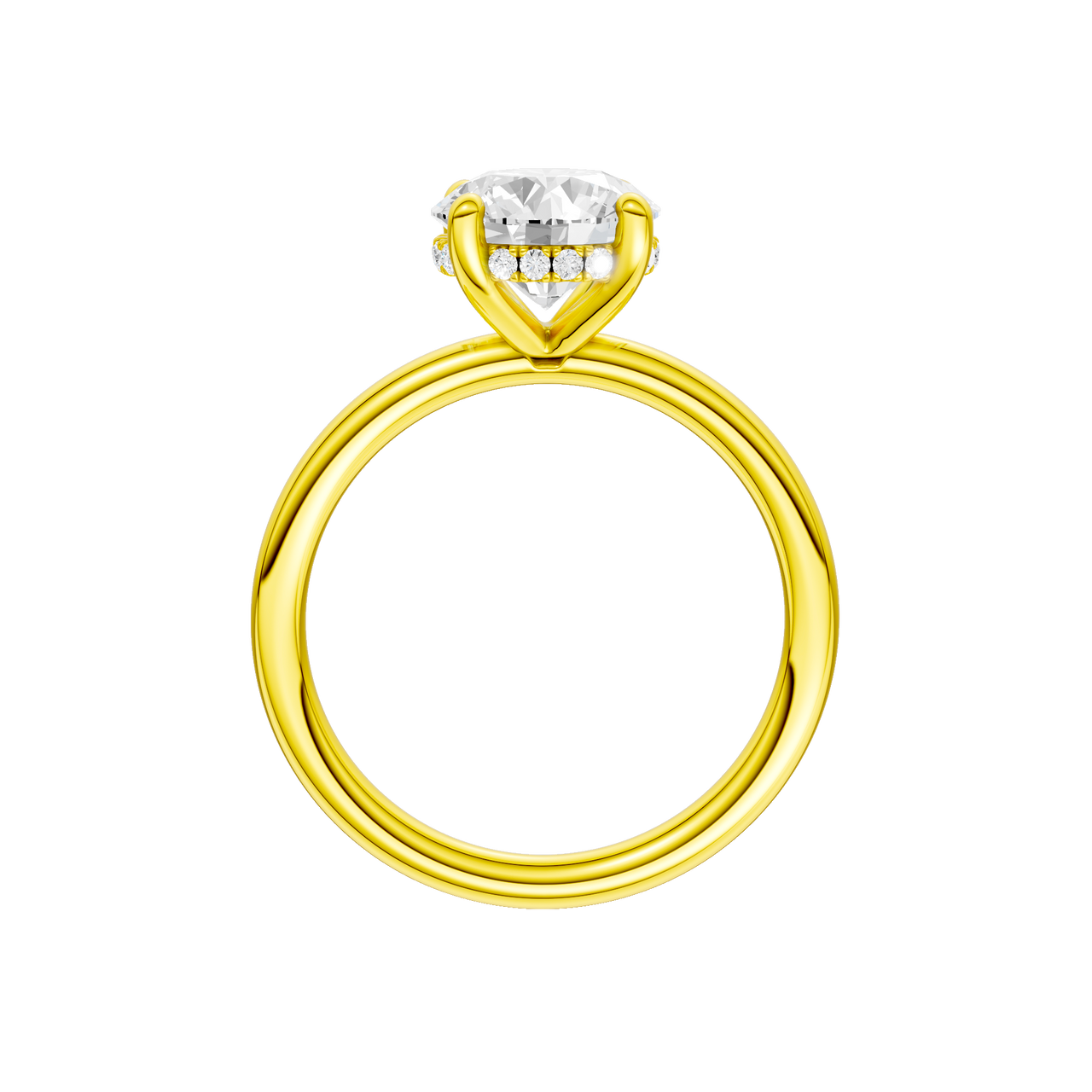 A profile view of the Round cut diamond engagement ring in 14k yellow gold with a plain band and solitaire setting
