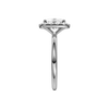 A side on view of the elongated cushion cut diamond engagement ring in 14k white gold with a plain band and solitaire setting
