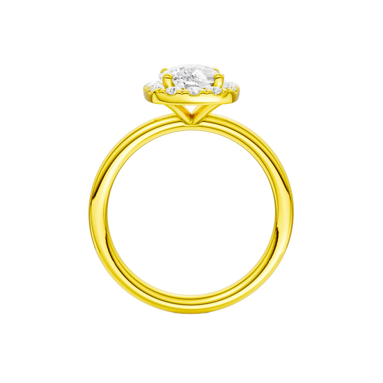 A profile view of the elongated cushion cut diamond engagement ring in 14k yellow gold with a plain band and solitaire setting