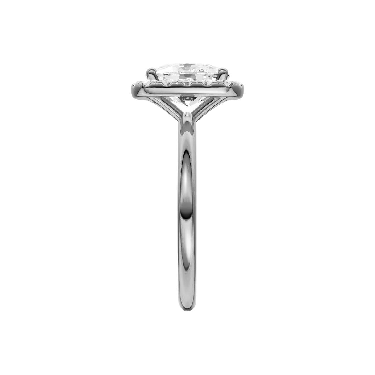 A side on view of the elongated cushion cut diamond engagement ring in platinum with a plain band and solitaire setting