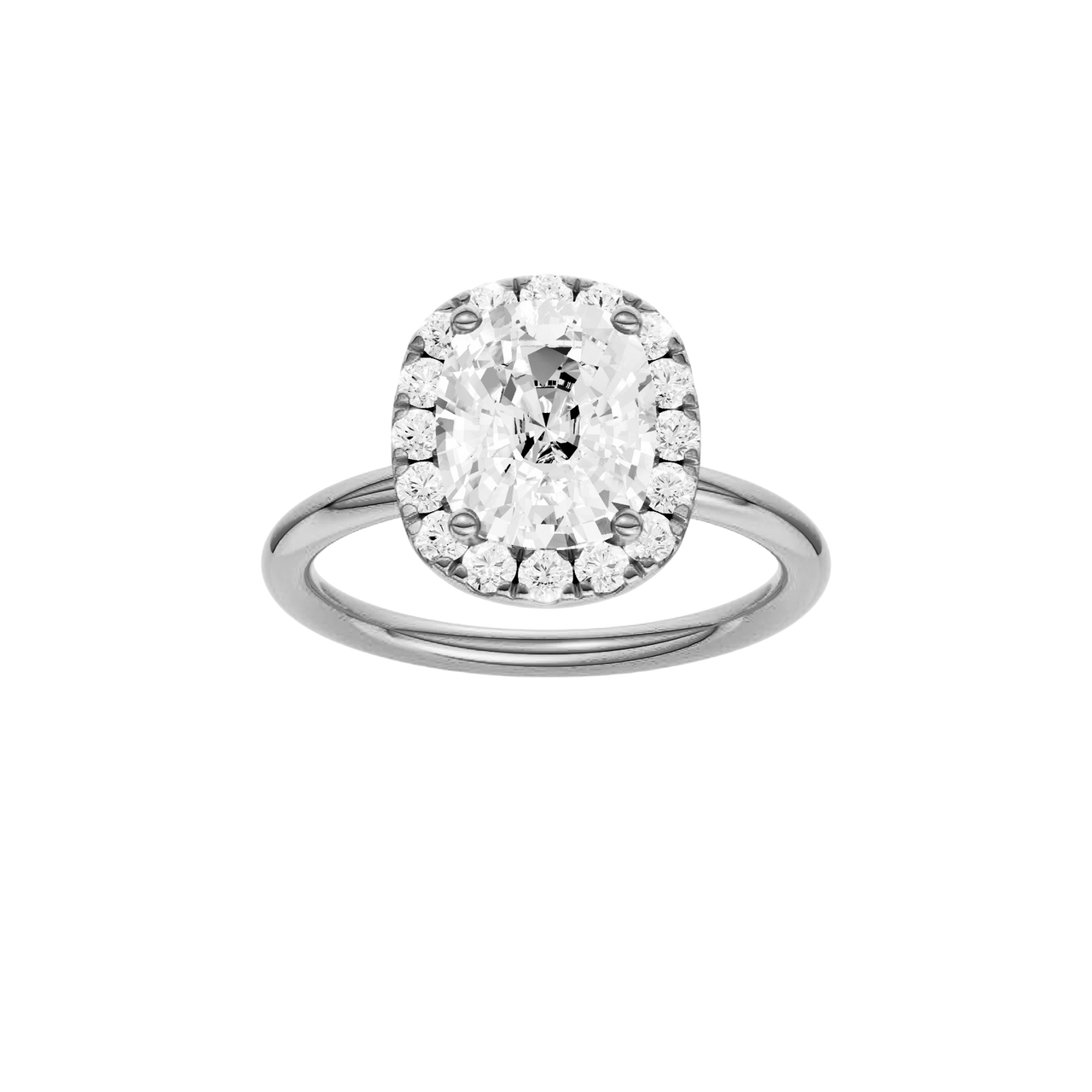 A front view of the elongated cushion cut diamond engagement ring in platinum with a plain band and solitaire setting