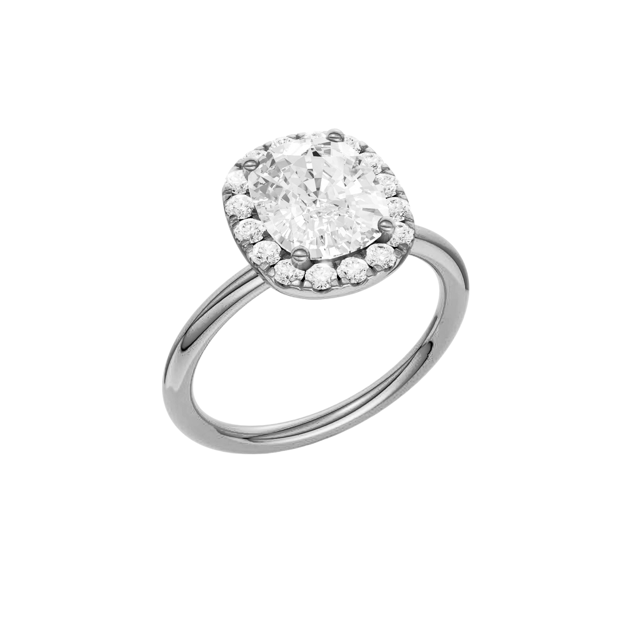 A three-quarter view of the elongated cushion cut diamond engagement ring in platinum with a plain band and solitaire setting