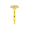 A side on view of the elongated cushion cut diamond engagement ring in 14k yellow gold with a plain band and solitaire setting