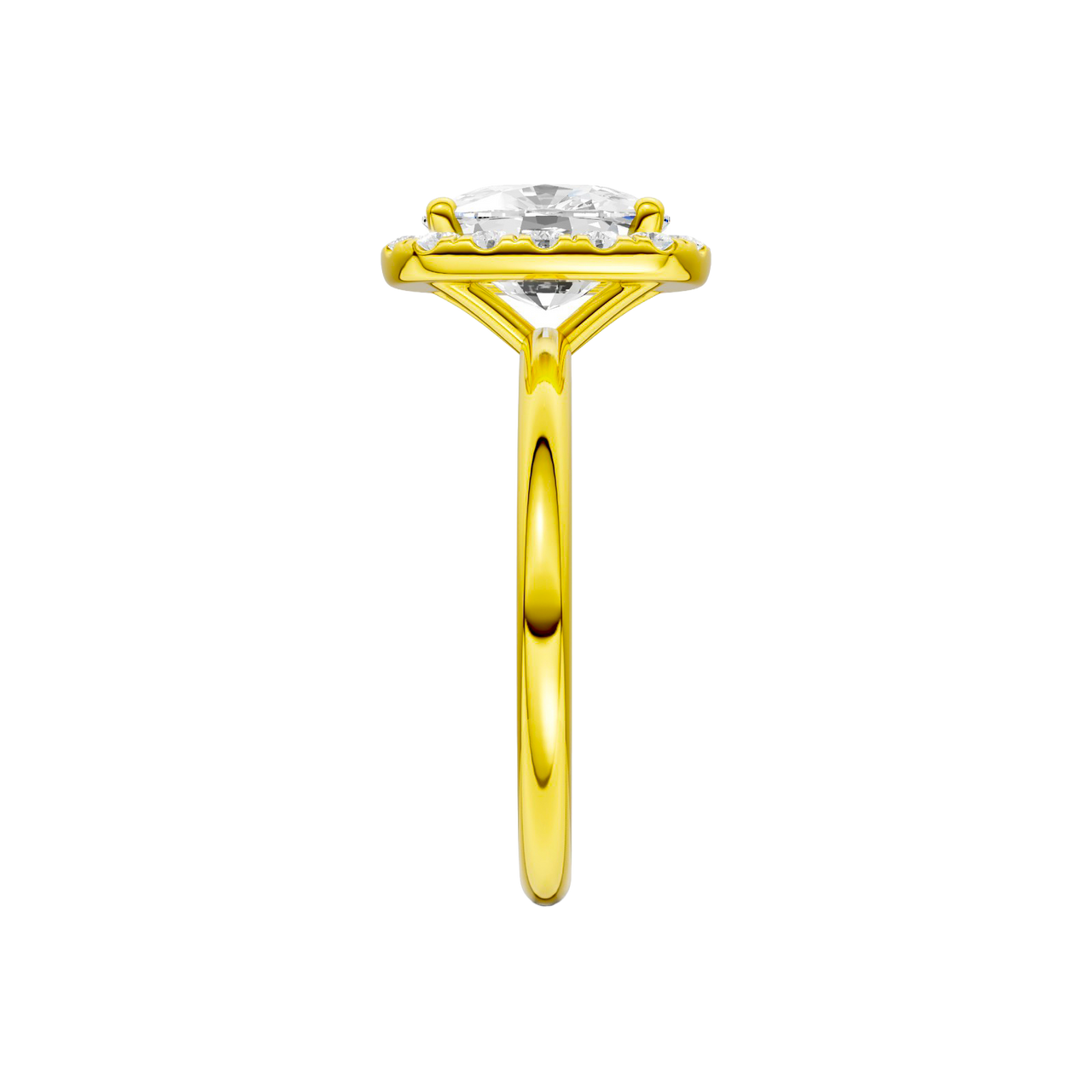 A side on view of the elongated cushion cut diamond engagement ring in 14k yellow gold with a plain band and solitaire setting