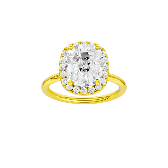 A front view of the elongated cushion cut diamond engagement ring in 14k yellow gold with a plain band and solitaire setting