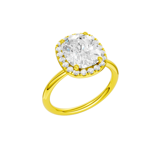 A three-quarter view of the elongated cushion cut diamond engagement ring in 14k yellow gold with a plain band and solitaire setting