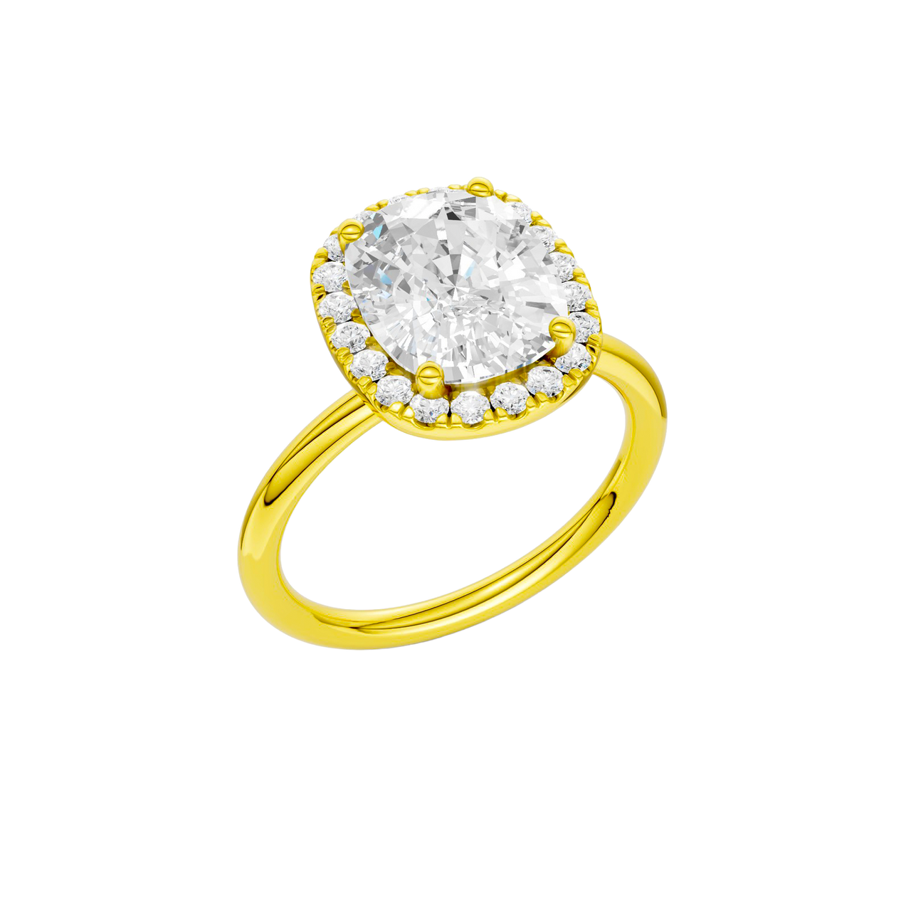 A three-quarter view of the elongated cushion cut diamond engagement ring in 14k yellow gold with a plain band and solitaire setting
