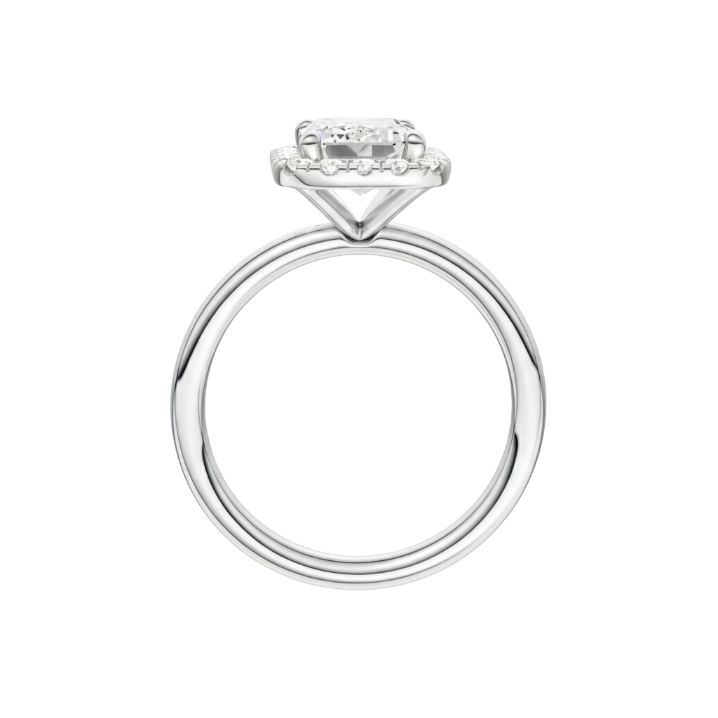 A profile view of the Emerald cut diamond engagement ring in 14k white gold with a plain band and solitaire setting