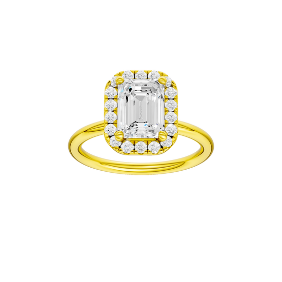 A front view of the Emerald cut diamond engagement ring in 14k yellow gold with a plain band and solitaire setting