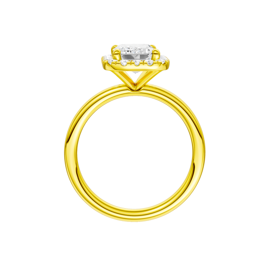 A profile view of the Emerald cut diamond engagement ring in 14k yellow gold with a plain band and solitaire setting