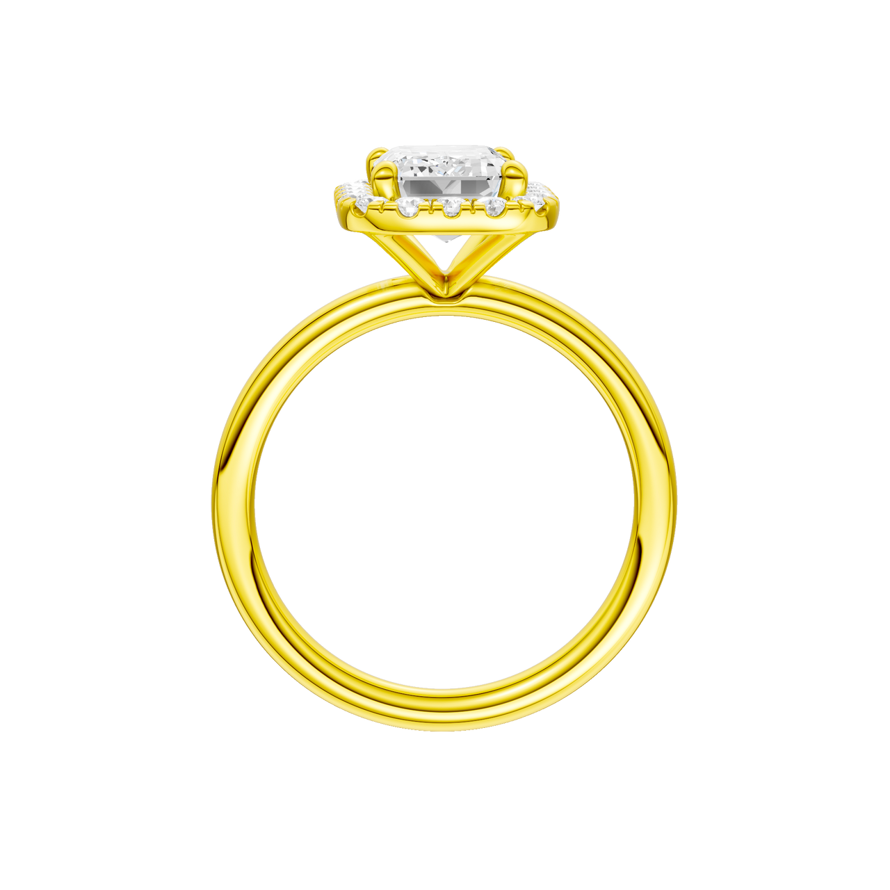 A profile view of the Emerald cut diamond engagement ring in 14k yellow gold with a plain band and solitaire setting