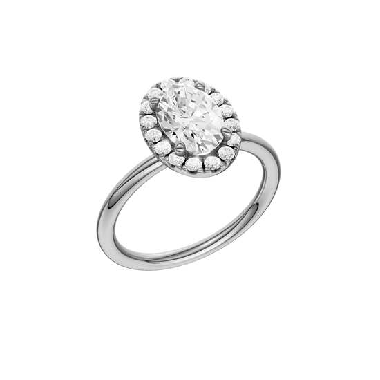 A three-quarter view of the Oval cut diamond engagement ring in 14k white gold with a plain band and solitaire setting