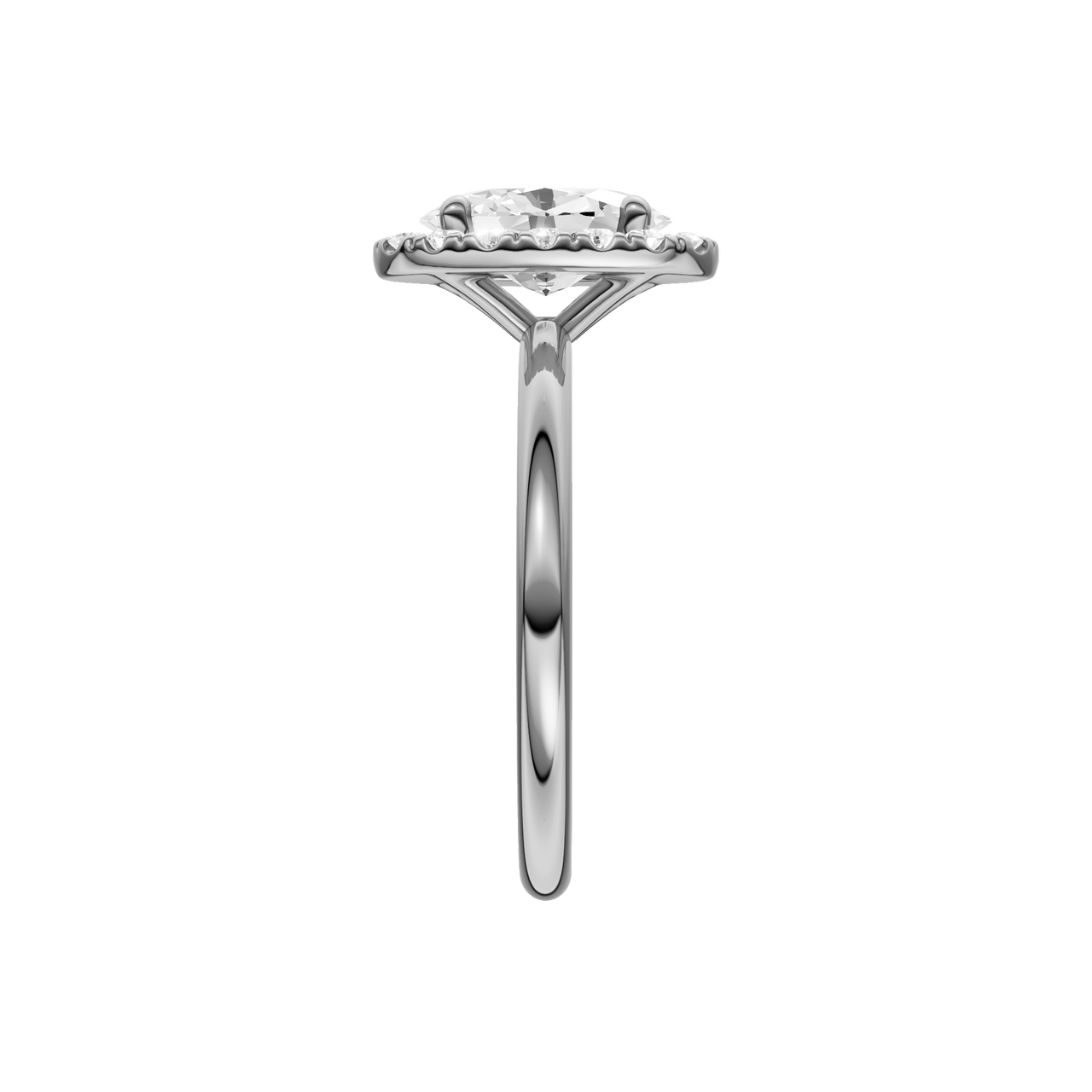 A side view of the Oval cut diamond engagement ring in 14k white gold with a plain band and solitaire setting