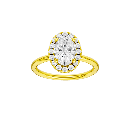 A front view of the Oval cut diamond engagement ring in 14k yellow gold with a plain band and solitaire setting