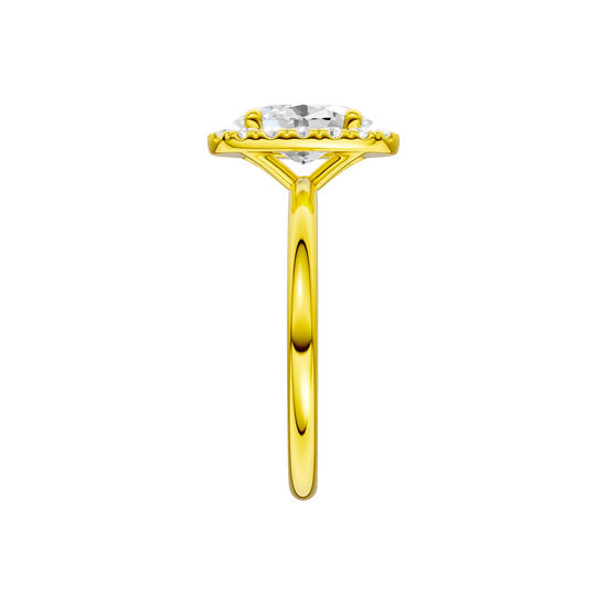 A side view of the Oval cut diamond engagement ring in 14k yellow gold with a plain band and solitaire setting