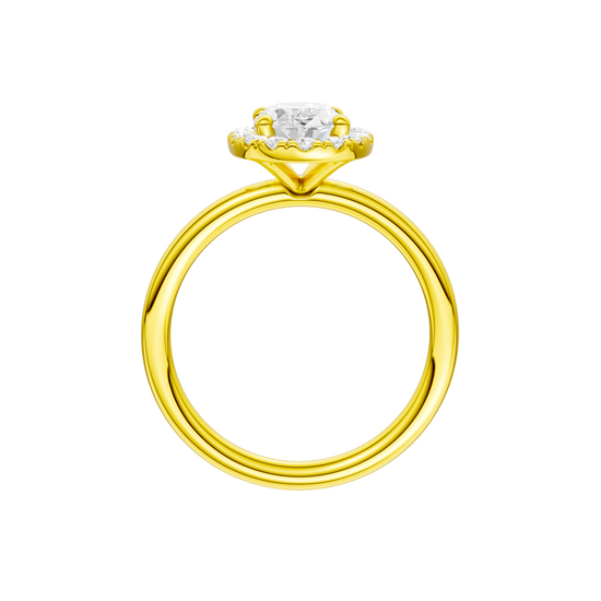 A profile view of the Oval cut diamond engagement ring in 14k yellow gold with a plain band and solitaire setting