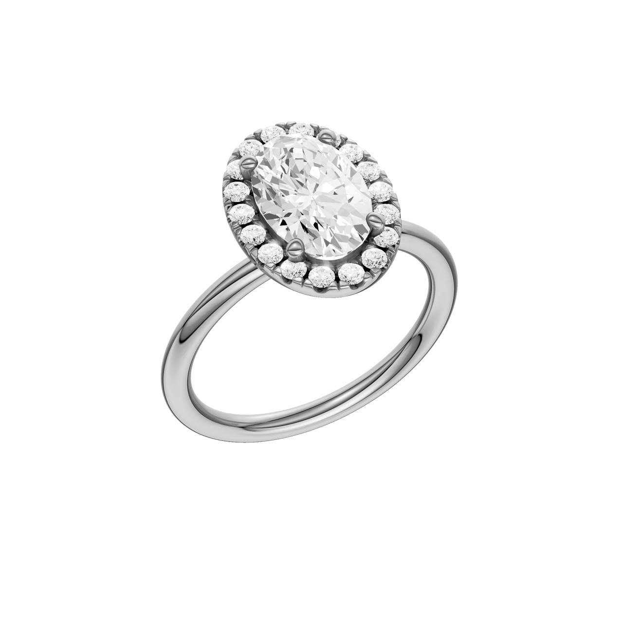A three-quarter view of the Oval cut diamond engagement ring in platinum with a plain band and solitaire setting