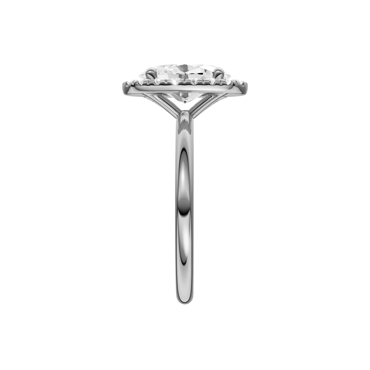 A side view of the Oval cut diamond engagement ring in platinum with a plain band and solitaire setting