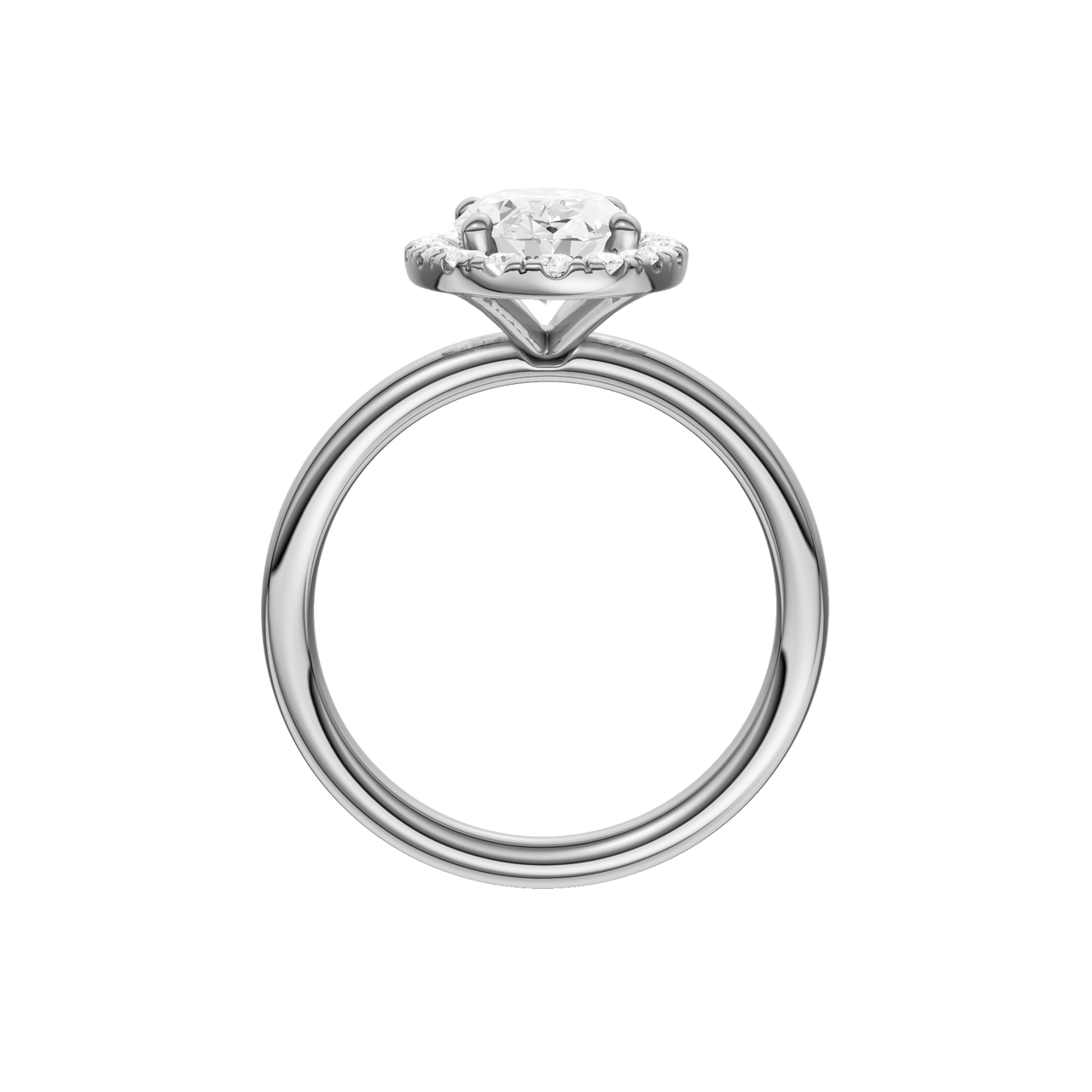 A profile view of the Oval cut diamond engagement ring in platinum with a plain band and solitaire setting