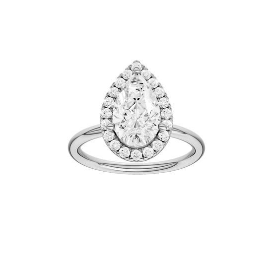 A front view of the Pear cut diamond engagement ring in 14k white gold with a plain band and solitaire setting