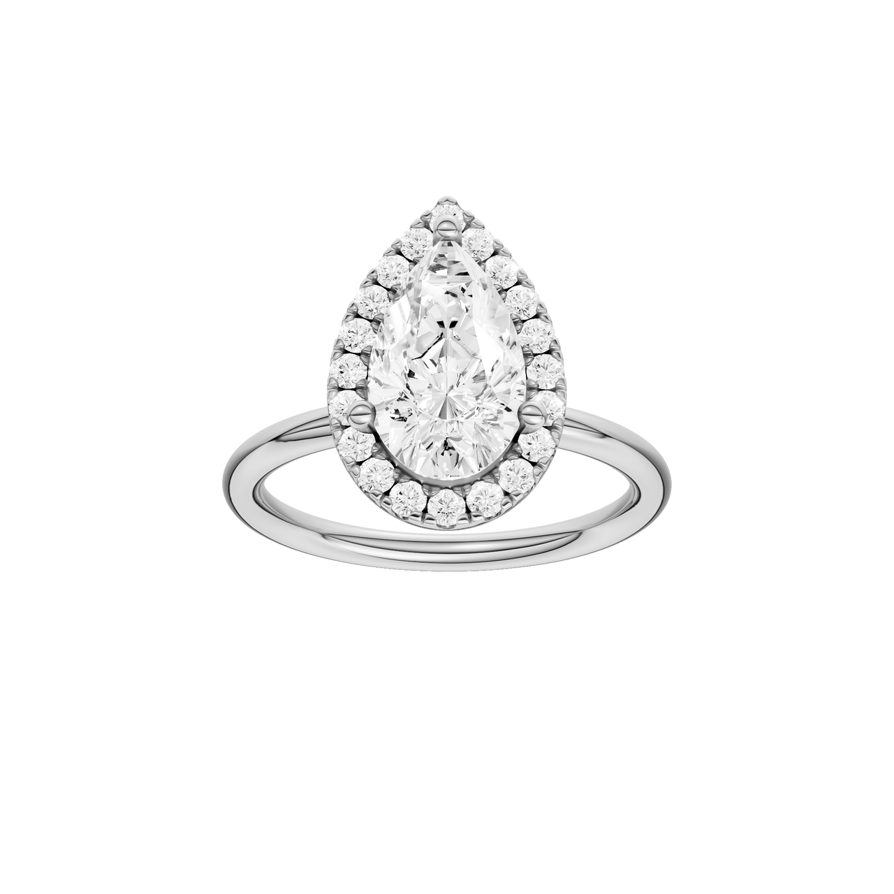 A front view of the Pear cut diamond engagement ring in 14k white gold with a plain band and solitaire setting