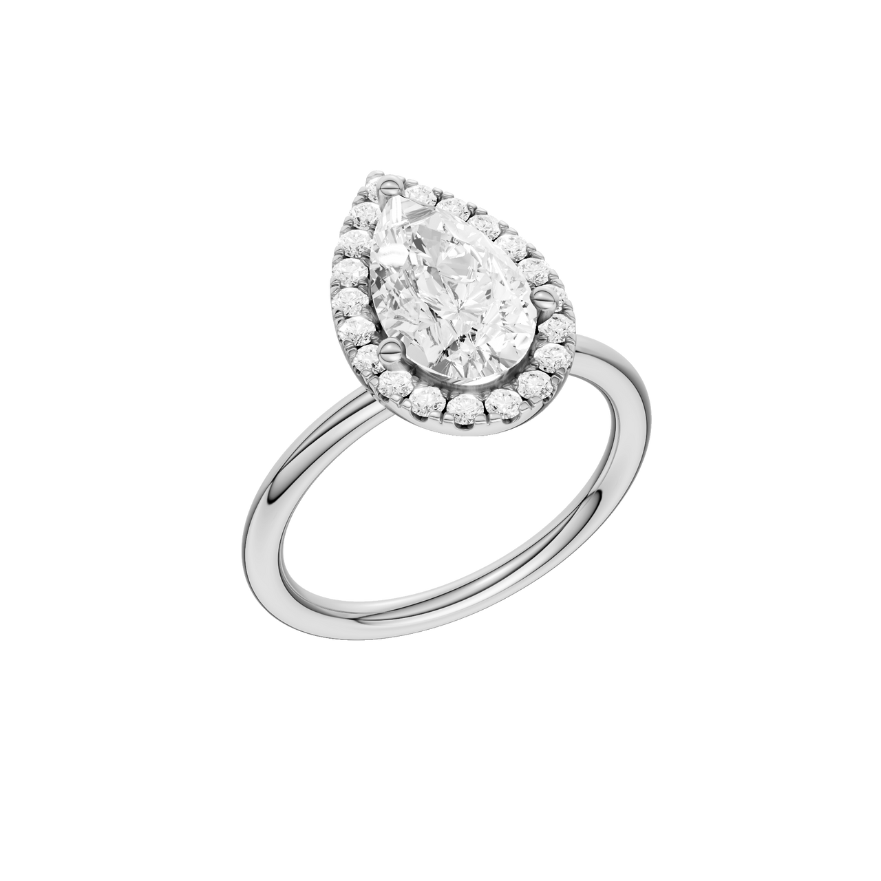 A three-quarter view of the Pear cut diamond engagement ring in platinum with a plain band and solitaire setting