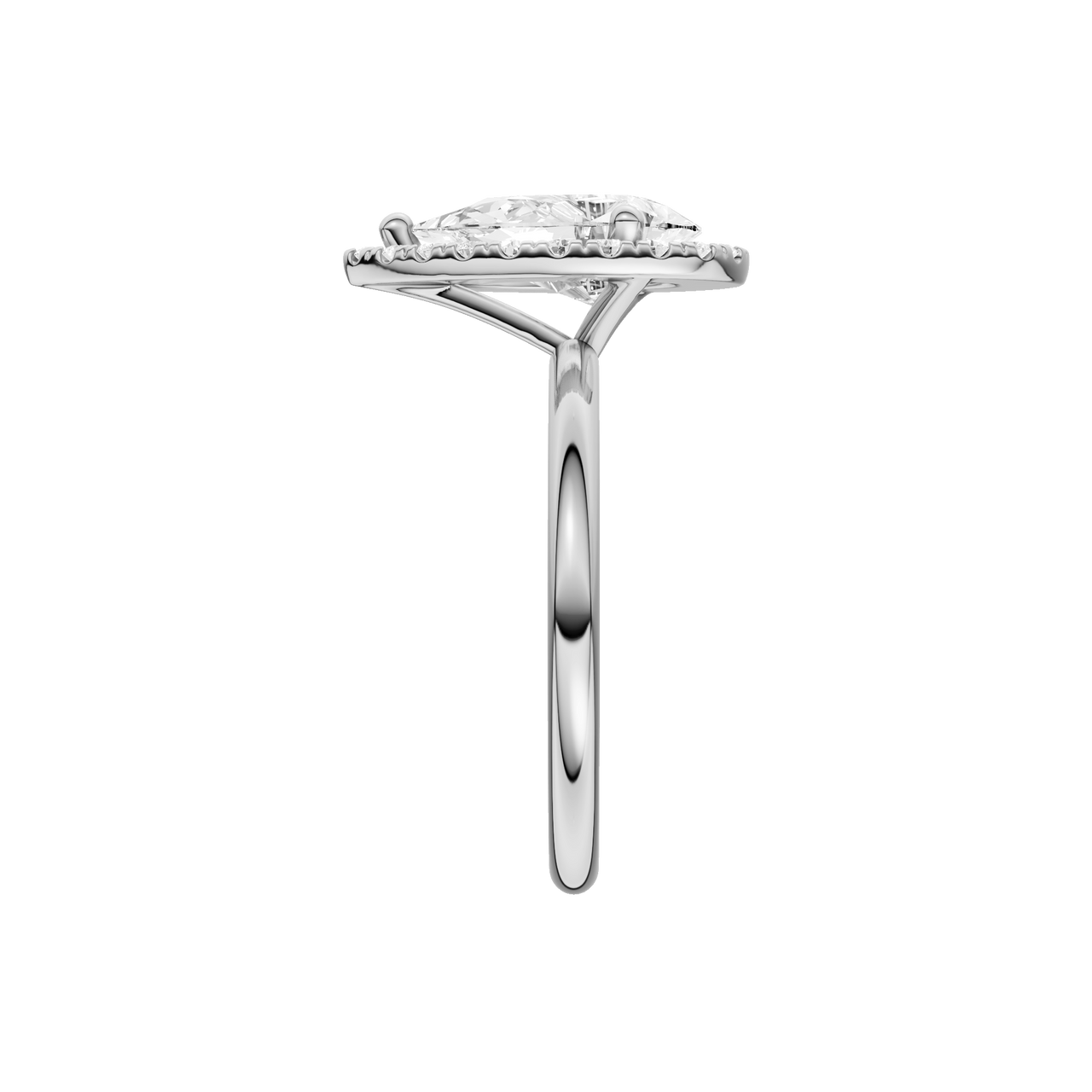 A side view of the Pear cut diamond engagement ring in 14k white gold with a plain band and solitaire setting