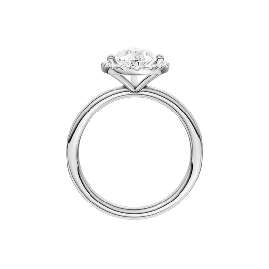 A profile view of the Pear cut diamond engagement ring in platinum with a plain band and solitaire setting