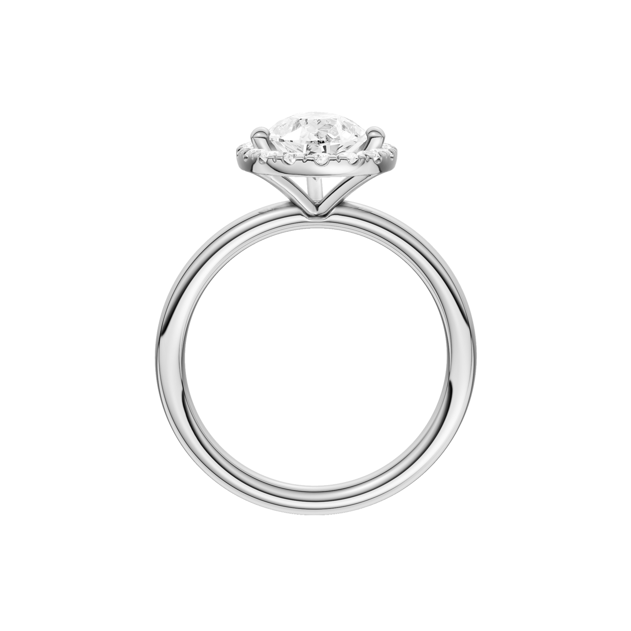 A profile view of the Pear cut diamond engagement ring in platinum with a plain band and solitaire setting