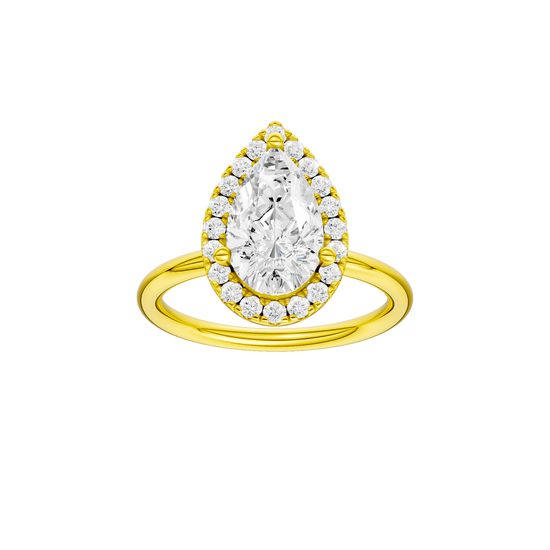 A front view of the Pear cut diamond engagement ring in 14k yellow gold with a plain band and solitaire setting