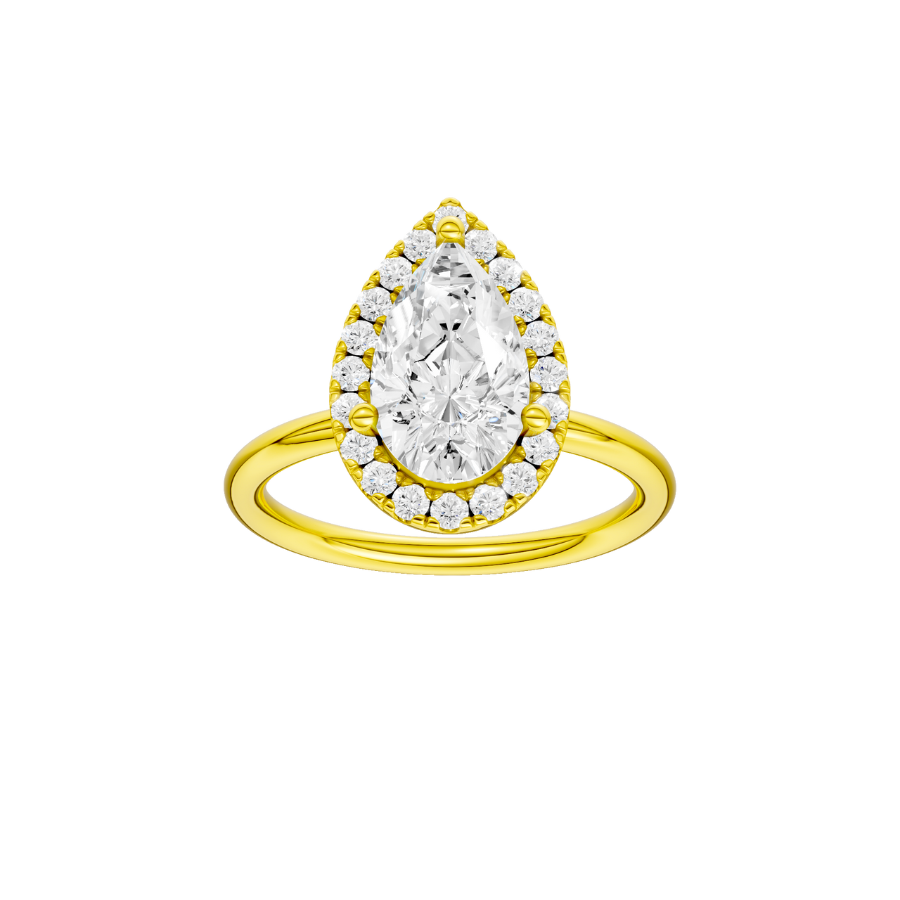 A front view of the Pear cut diamond engagement ring in 14k yellow gold with a plain band and solitaire setting