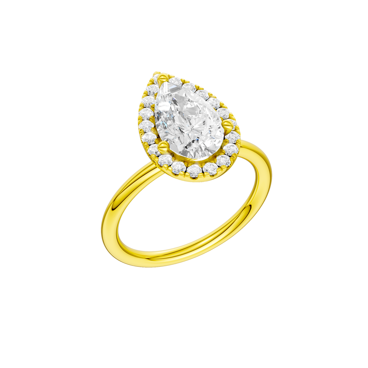 A three-quarter view of the Pear cut diamond engagement ring in 14k yellow gold with a plain band and solitaire setting